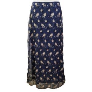 Vintage Express Skirt Women's Large Navy Blue Embroidered Leaves Fairy Witchy